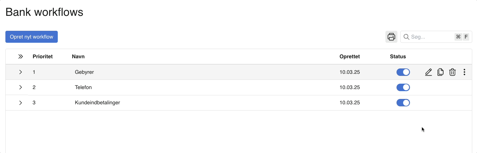 Viser oversigten i Bank workflows – bruges til at se og ændre prioriteringen af sine workflows.