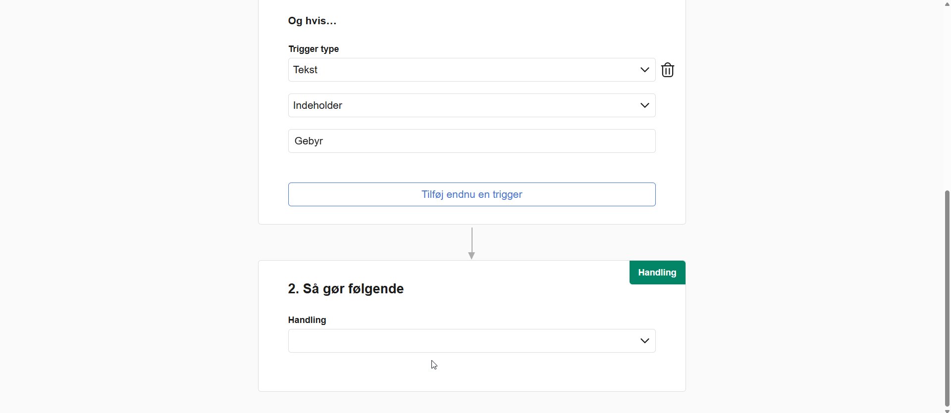 Viser dropdown-menuen 'Handling' i Bank Workflow – bruges til at definere den opgave, systemet automatisk skal udføre for en trigger.