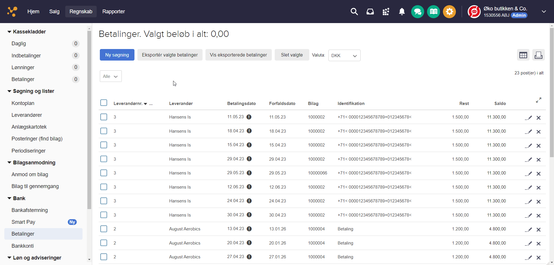 Viser listen med betalinger i Betalinger – bruges til at markere og slette valgte betalinger.