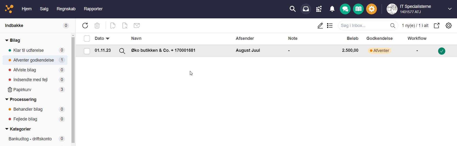 Viser listen over bilag, der afventer godkendelse i Indbakken – bruges til at give et overblik over bilag, der skal godkendes.
