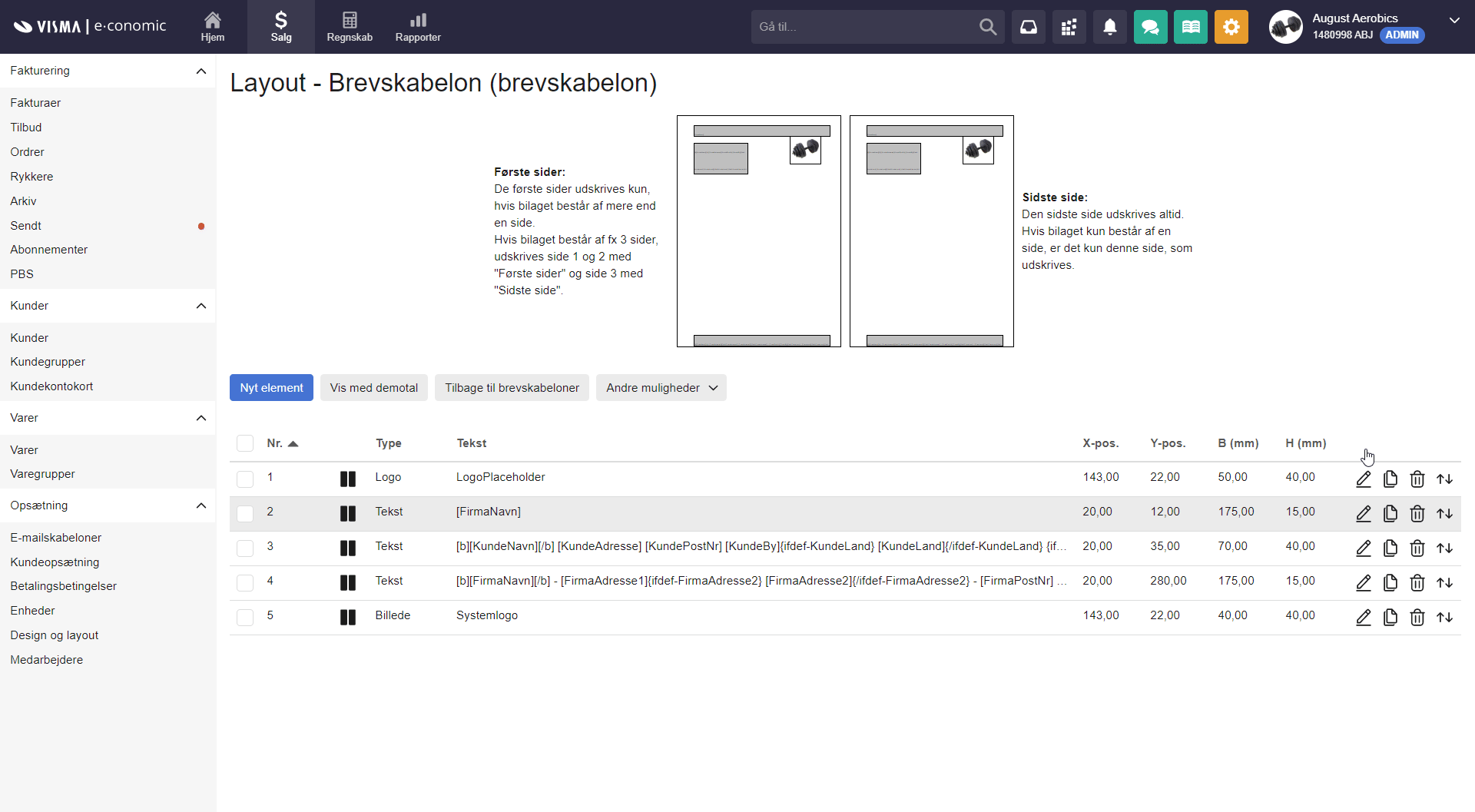 Viser Rediger-ikonet for elementet [FirmaNavn] i brevskabelonens layout – bruges til at redigere elementets placering for at deaktivere visningen af firmanavnet.