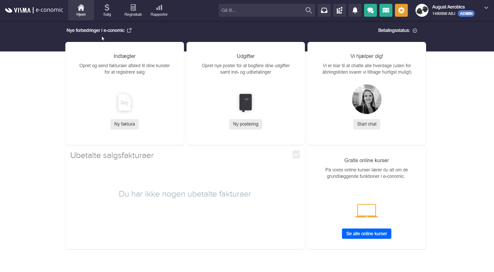 Viser tandhjulet i topmenuen – bruges til at navigere til alle firmaets indstillinger