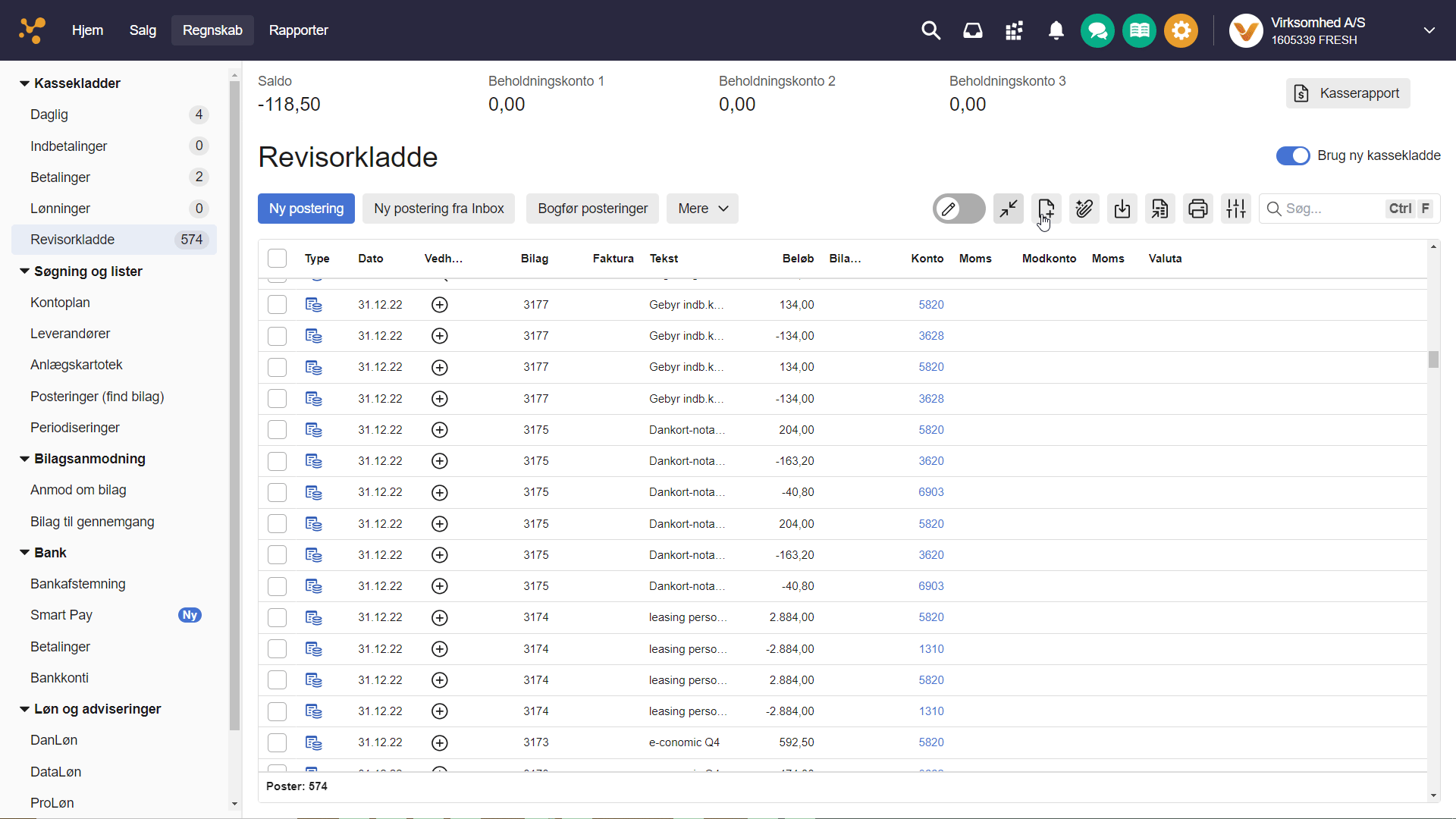 Viser kassekladden i Regnskab – bruges til at trække et bilag fra Indbakken til en postering.