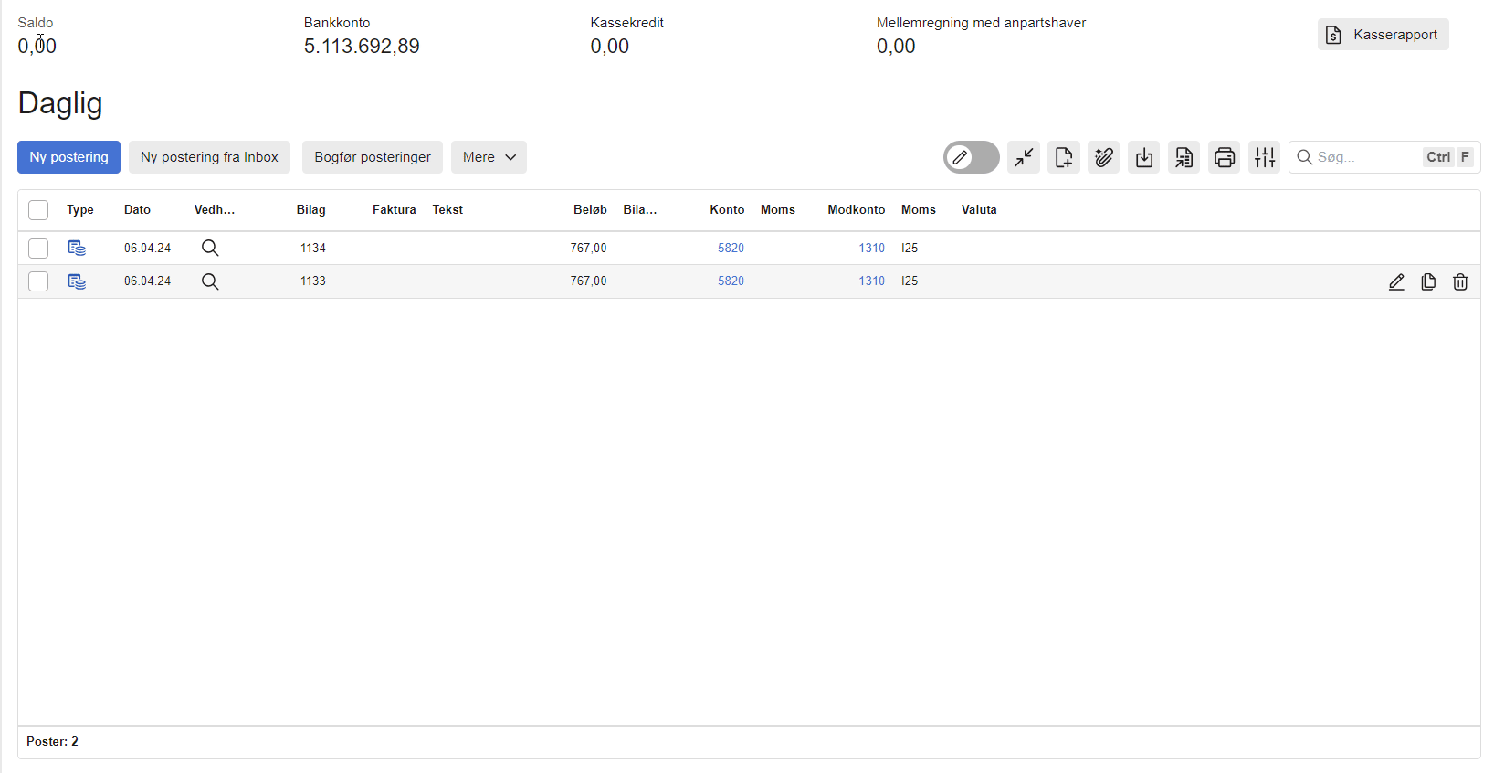 Viser knappen 'Ny postering fra Inbox' i kassekladden – bruges til at oprette en postering med et bilag fra Indbakken.