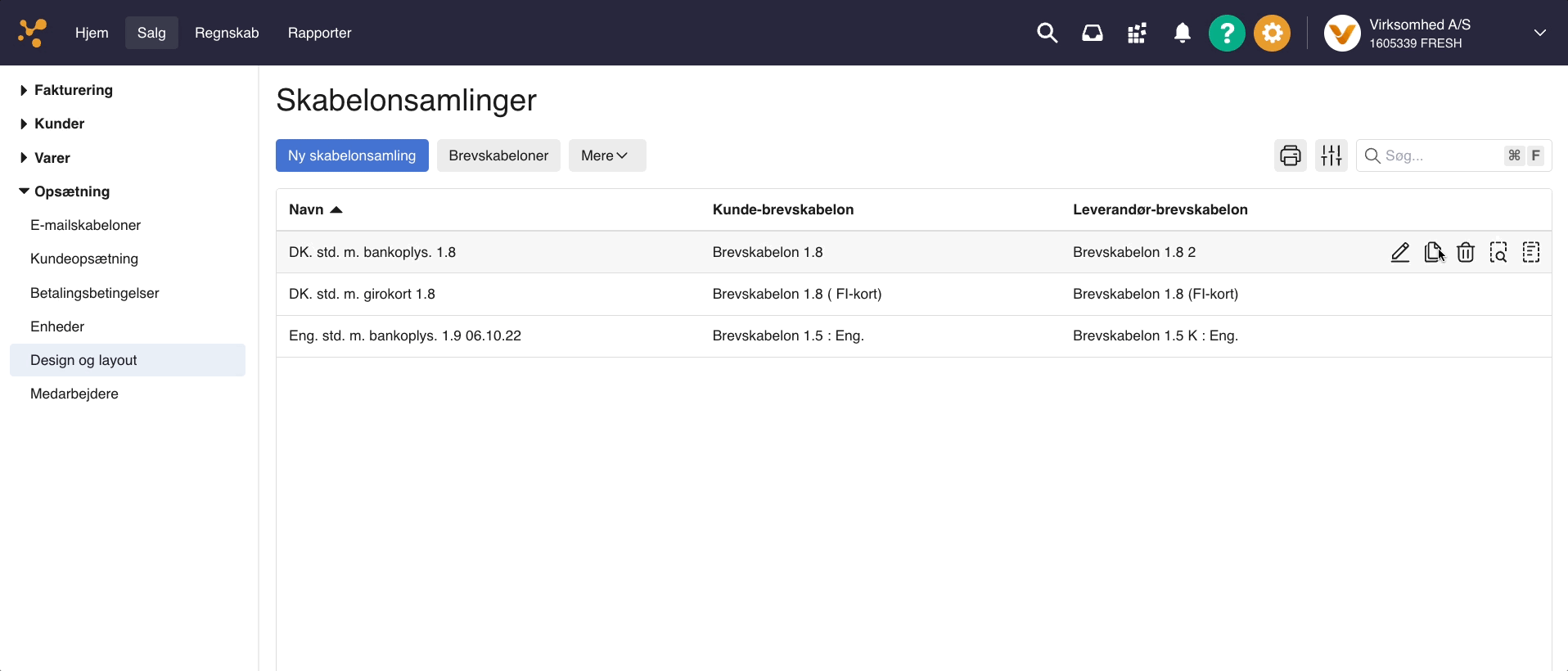 Viser oversigten over skabelonsamlinger i Design og layout – bruges til at vælge den samling, hvis fakturalayout skal redigeres.