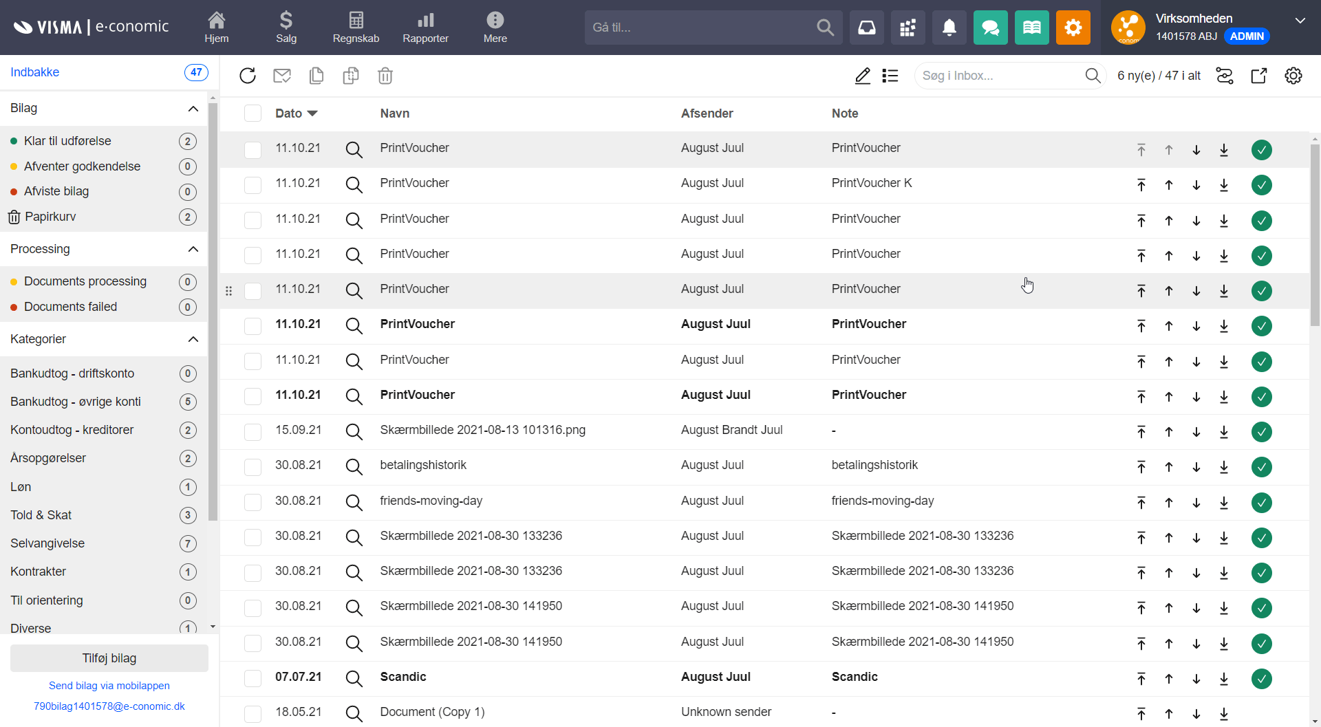 Viser en liste over bilag i Indbakke – bruges til at søge efter bilag ved hjælp af oplysninger i f.eks. notefeltet.
