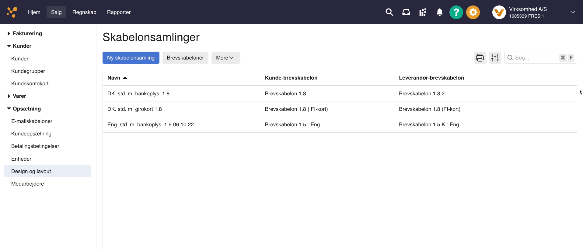 Viser listen over skabelonsamlinger i menuen 'Design og layout' – bruges til at finde den skabelonsamling, der skal redigeres.