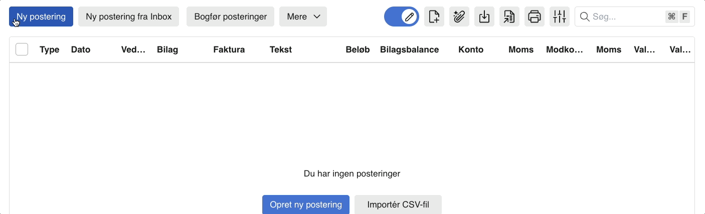 Viser "Ny postering"-knappen i kassekladden – bruges til at oprette en ny postering.
