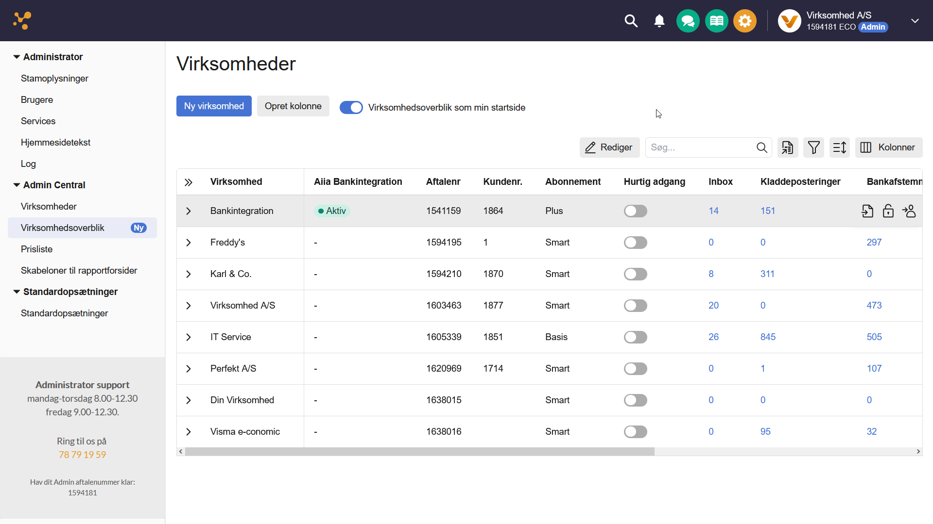 Viser vindue til valg af kolonner i virksomhedsoversigten – bruges til at vise eller skjule kolonner og ændre rækkefølgen.