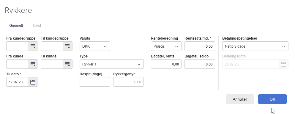 Viser dialogboksen til at generere rykkere i rykkermodulet – bruges til at definere kriterierne for en rykkerkørsel.
