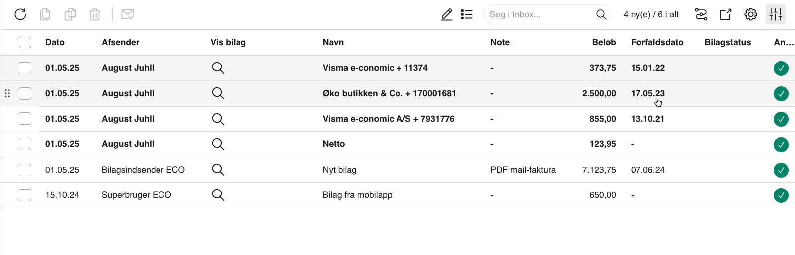 Viser listevisning med bilag i Inbox – bruges til at få et overblik over flere bilag og deres informationer på én gang.