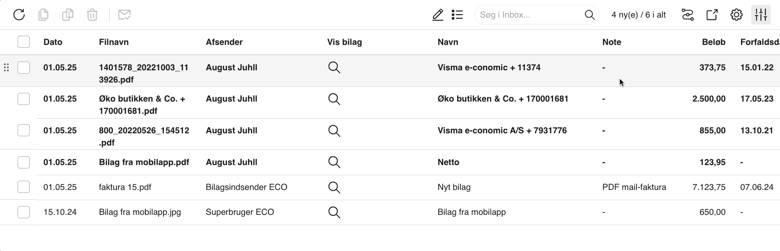 Viser listevisning i Inbox – bruges til at få et overblik over mange bilag og deres informationer på én gang.
