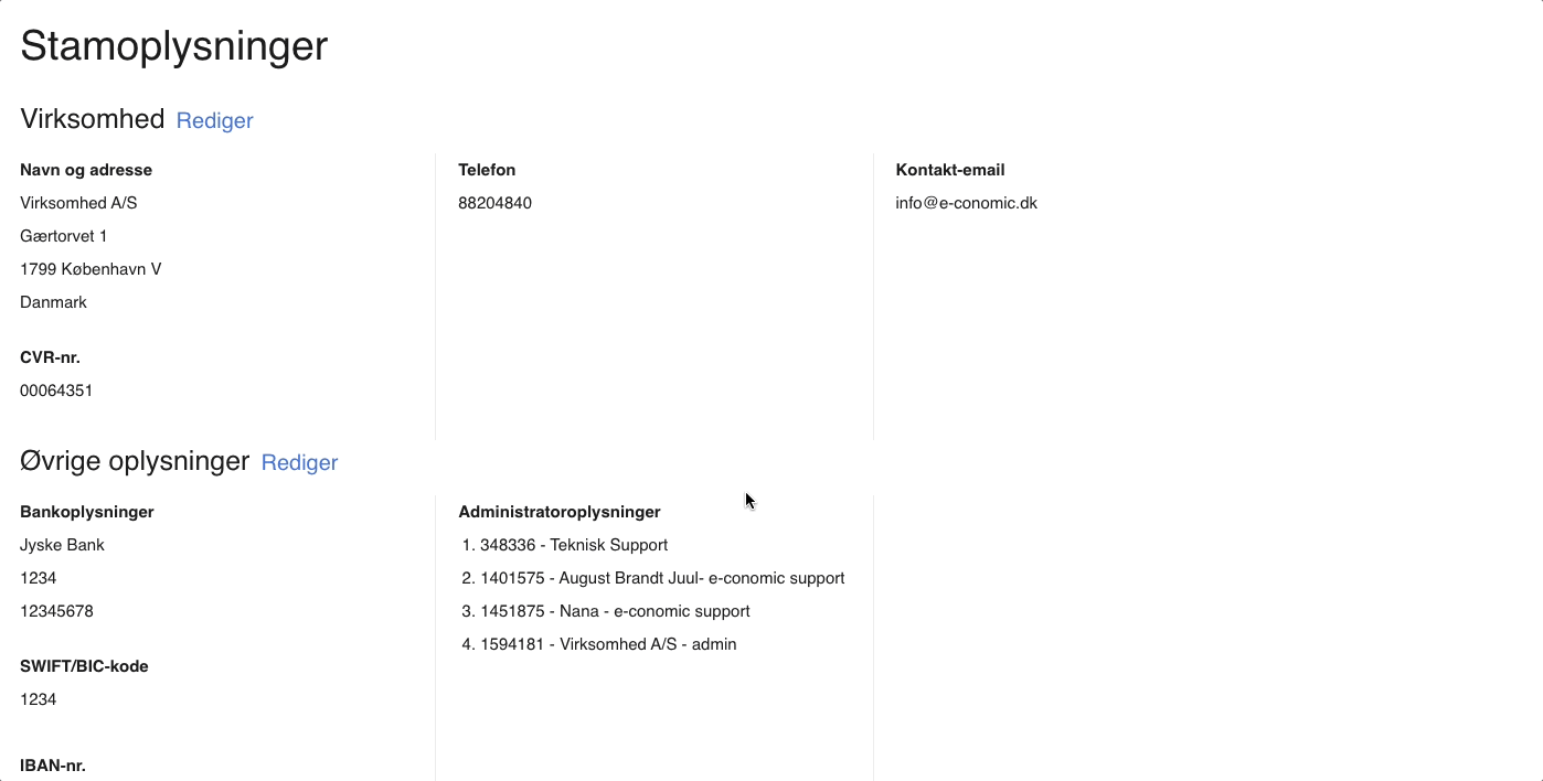 Viser felterne for SWIFT/BIC og IBAN i Stamoplysninger – bruges til at tilføje virksomhedens internationale bankoplysninger.