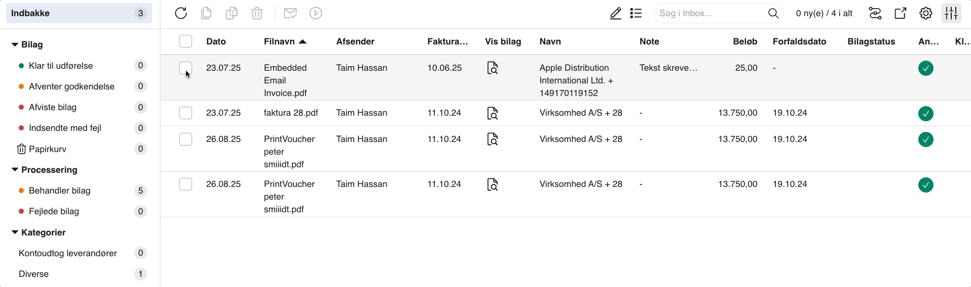 Viser en liste over indkomne bilag i Indbakke – bruges til at få et overblik over de bilag, som Bilag Workflows kan behandle.