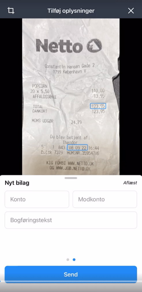Viser scanningsfunktionen til bilag i mobilappen – bruges til at oprette en postering ved at tage et billede af en kvittering.