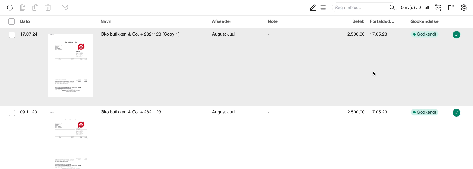 Viser en oversigt over bilag i Indbakken – bruges til at se godkendelsesstatus for bilag