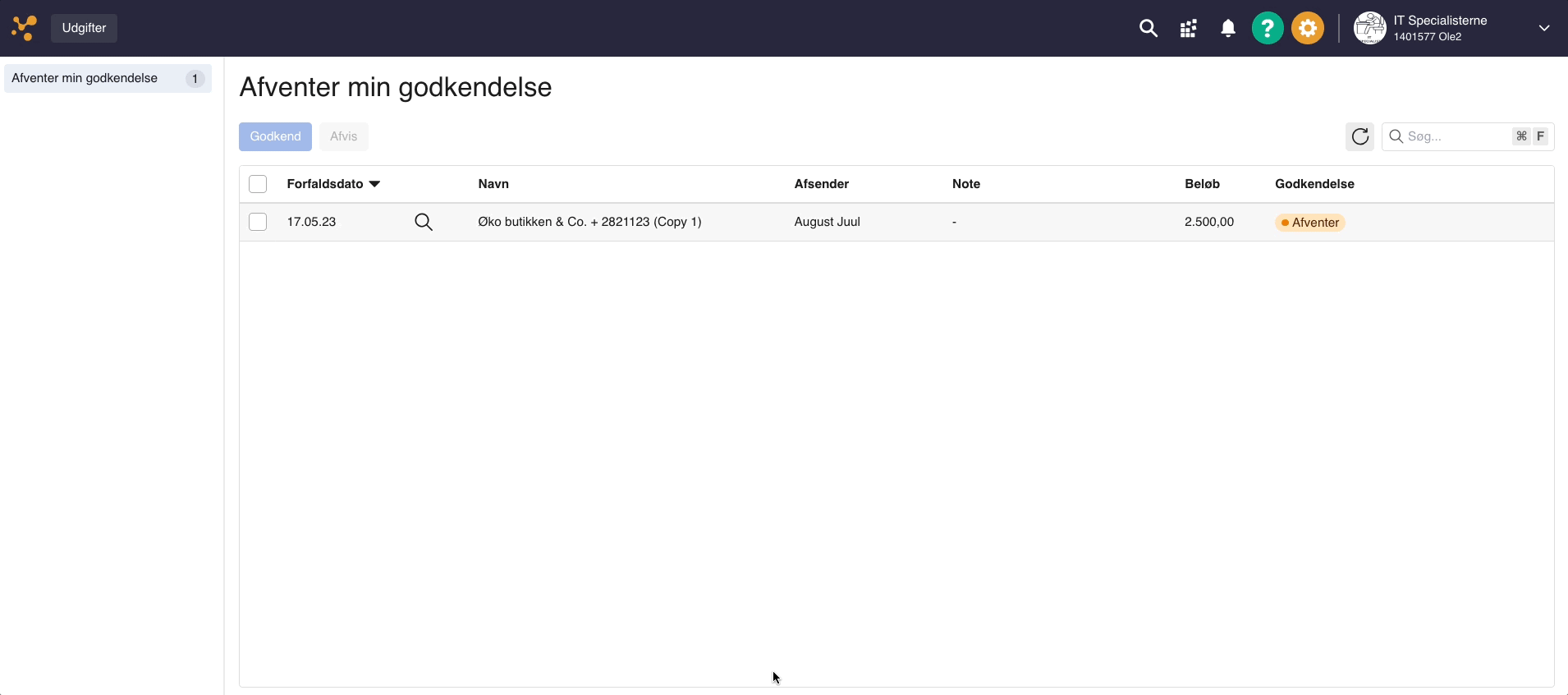 Viser listen 'Afventer min godkendelse' i Udgifter-modulet – bruges til at godkende eller afvise bilag.