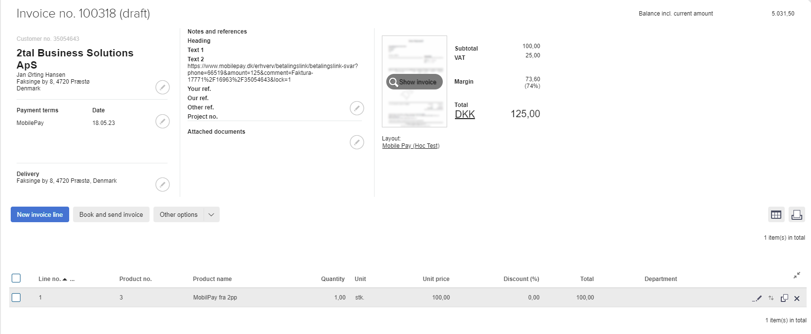 App screenshot: MobilePay til e-conomic