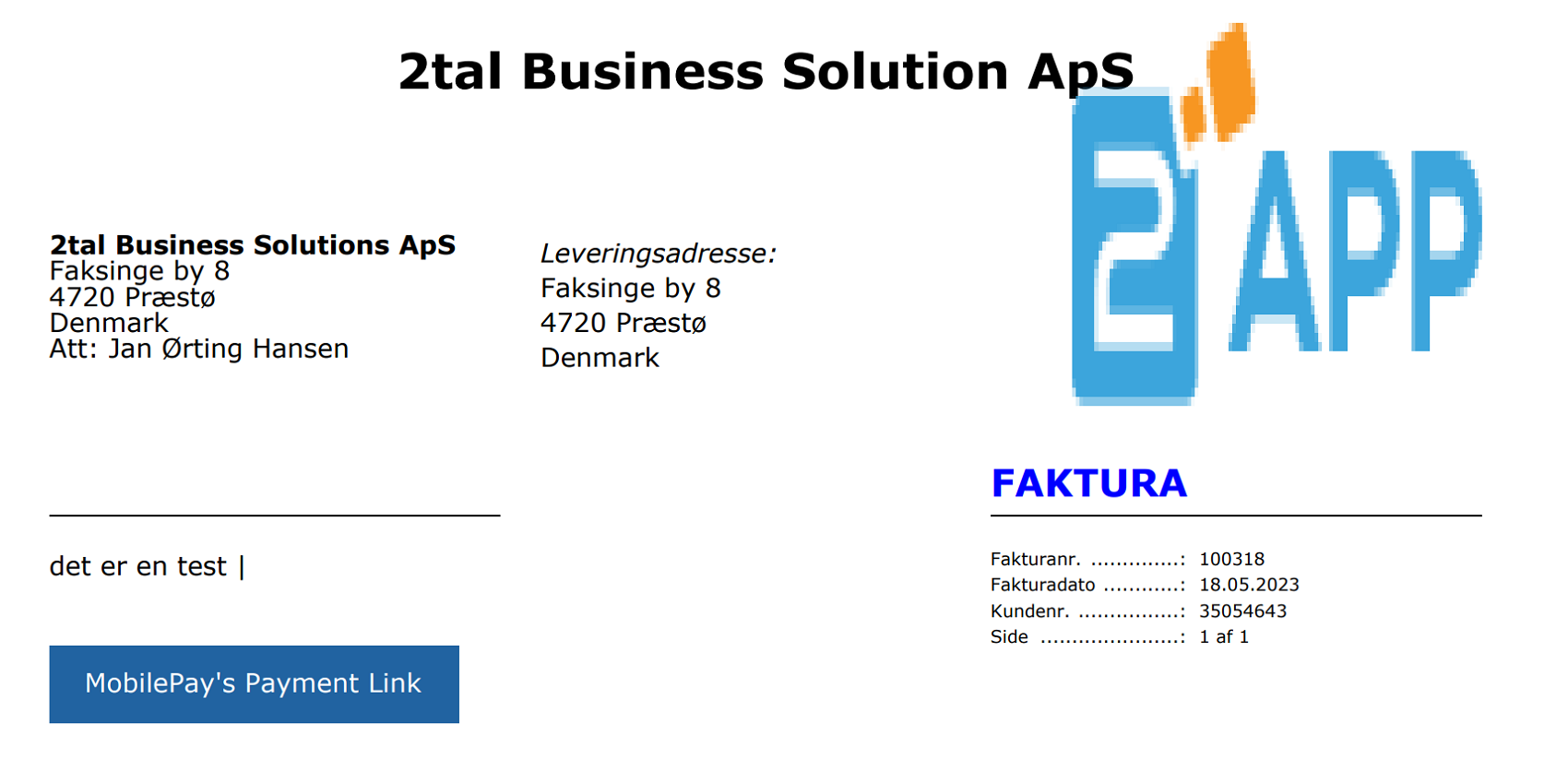 App screenshot: MobilePay til e-conomic