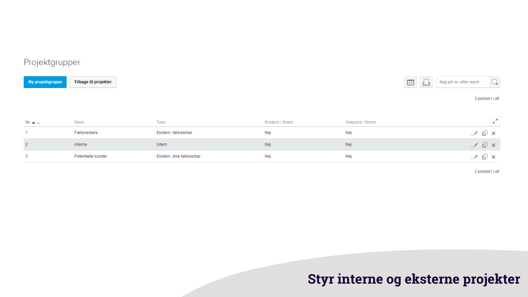App screenshot: Projektstyring