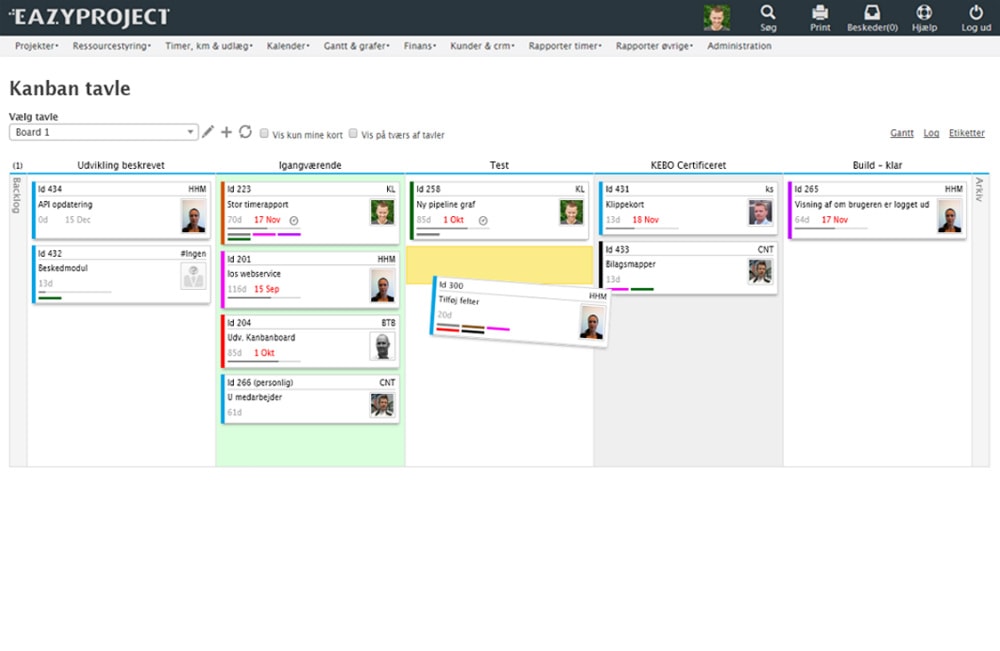 Skærmbillede af en Kanban tavle fra EazyProject