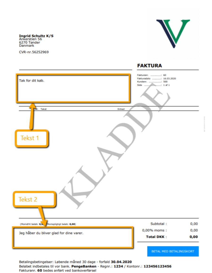 Viser placeringen af tekstfelterne 'Tekst 1' og 'Tekst 2' i et fakturalayout – bruges til at vise, hvor den ekstra tekst bliver vist på fakturaen.