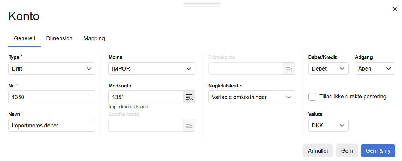Viser opsætningen af en modkonto på finanskonto 1350 i Kontoplanen – bruges til at automatisere posteringen af importmoms.
