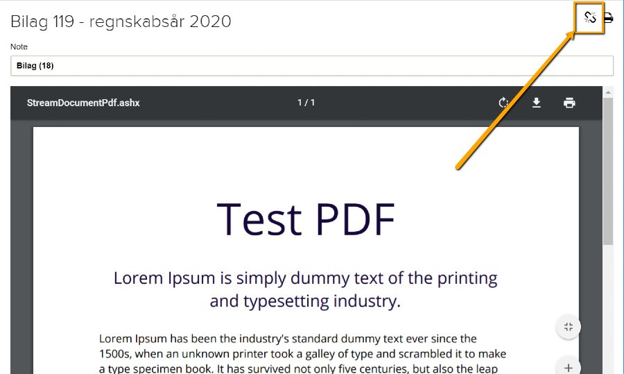 Viser Fjern bilag-ikonet i bilagsvisningen – bruges til at fjerne et bilag fra en bogført postering.