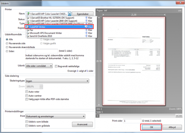Viser valg af en PDF-printer i print-dialogboksen – bruges til at konvertere en PDF-fil.