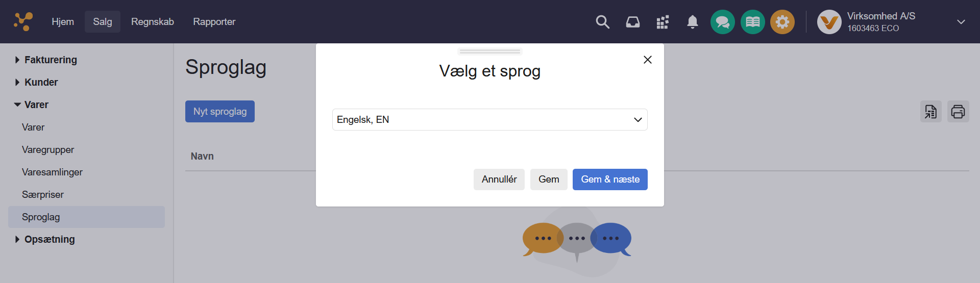 Viser valg af sprog i Sproglag – bruges til at oprette et nyt sproglag.