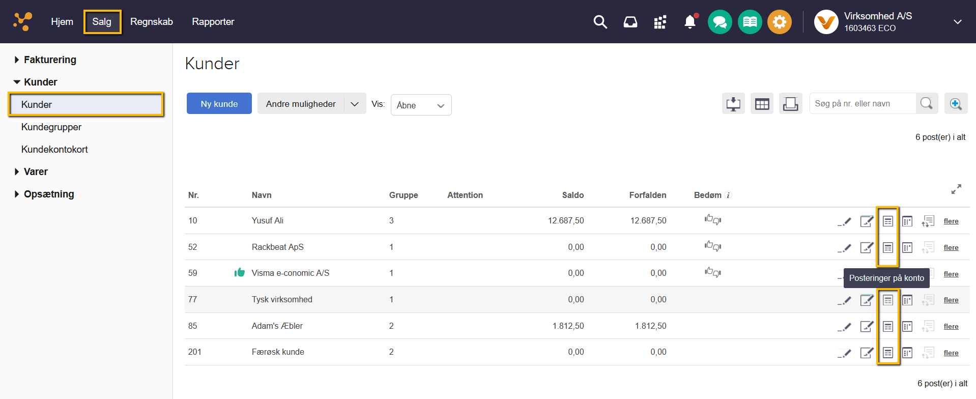 Viser linjeikonet "Posteringer på konto" i kundelisten – bruges til at se alle posteringer for en specifik kunde.