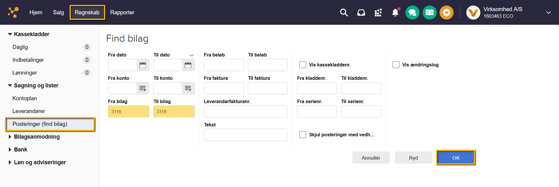 Viser søgning på bilagsnummer i Posteringer (find bilag) – bruges til at finde den specifikke postering, som skal tilbageføres.