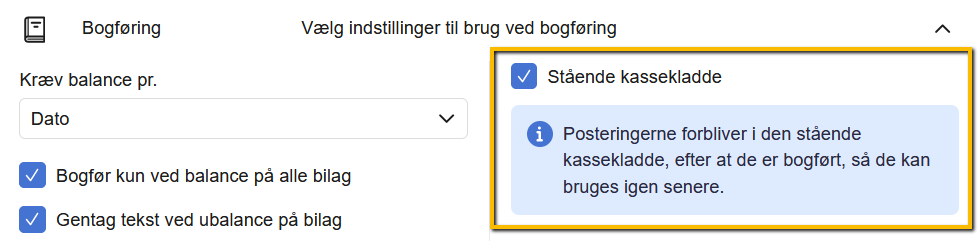 Viser fluebenet 'Stående kassekladde' i opsætning af kassekladde – bruges til at gemme bogførte posteringer til genbrug.