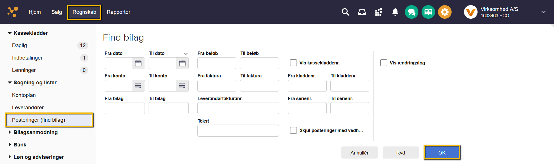 Viser søgefunktionen 'Find bilag' i Regnskab – bruges til at finde en specifik postering.
