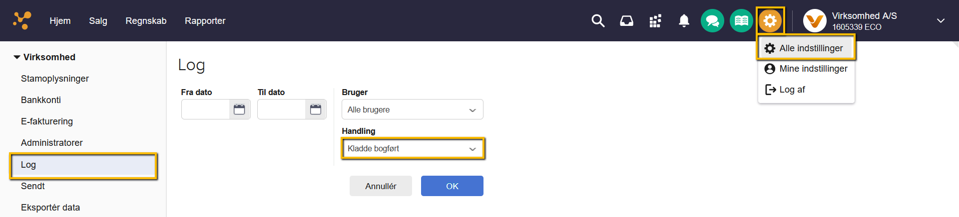 Viser handlingen 'Kladde bogført' i loggen – bruges til at genfinde en bogført kassekladde.