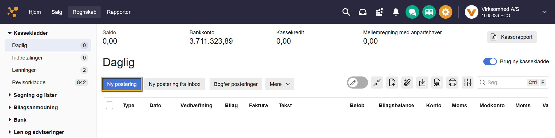 Viser knappen 'Ny postering' i kassekladden – bruges til at oprette en ny postering.