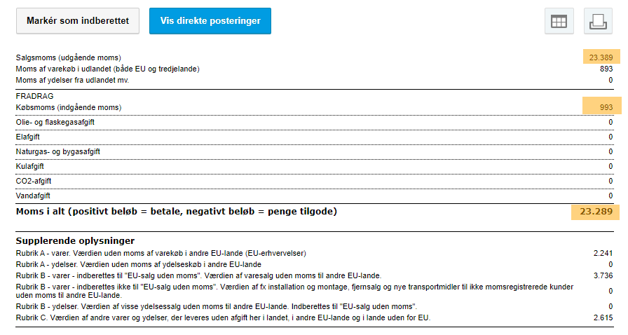 Viser overblikket i momsopgørelsen – bruges til at se de beregnede momsbeløb og markere opgørelsen som indberettet.