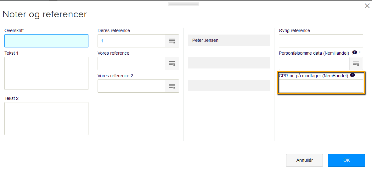 Viser feltet "CPR-nr. på modtager (NemHandel)" i vinduet "Noter og referencer" – bruges til at tilføje et overordnet CPR-nummer for hele fakturaen.