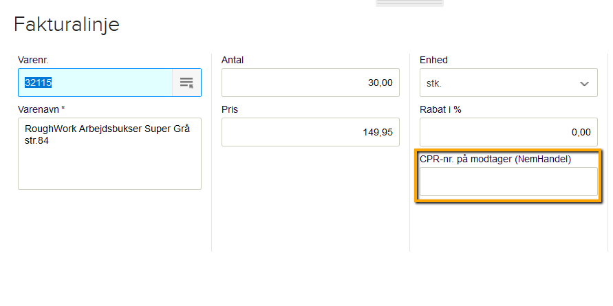 Viser feltet 'CPR-nr. på modtager (NemHandel)' i fakturalinjen – bruges til at tilføje et CPR-nummer på en enkelt varelinje.