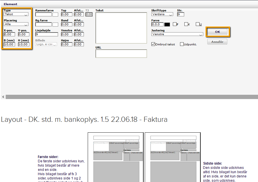 Viser indstillingsvinduet 'Element' i opsætning af layouts – bruges til at oprette og tilpasse et nyt tekstelement på en skabelon.