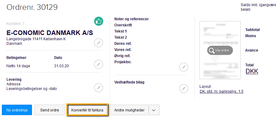 Viser knappen 'Konvertér til faktura' i en ordre – bruges til at konvertere ordren til en faktura