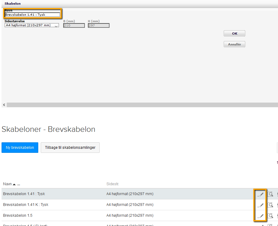 Viser navnefeltet til en brevskabelon i opsætningen for design og layout – bruges til at omdøbe skabelonen.