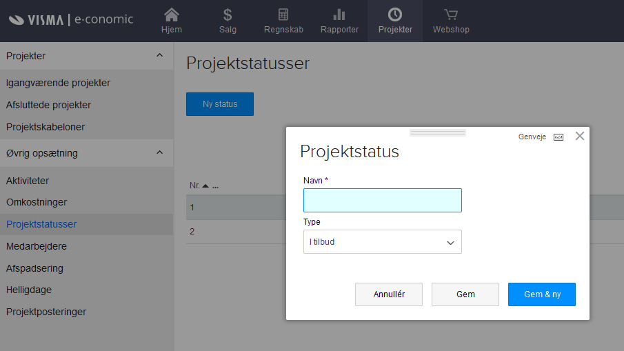 Viser oprettelsesvinduet for en projektstatus i Projektmodulet – bruges til at definere og gemme en ny status til brug på projekter.