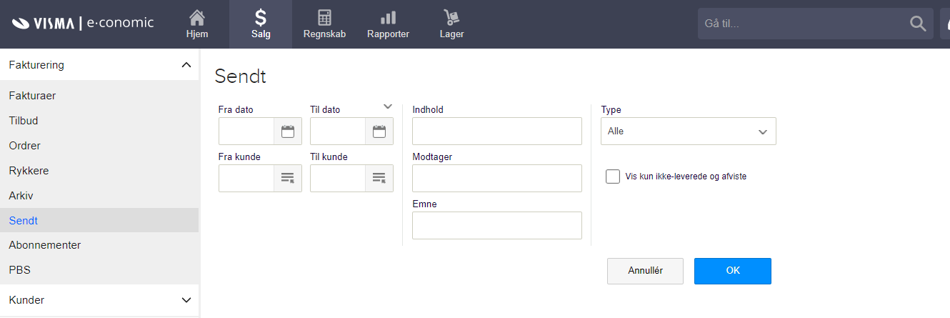 Viser søgefelterne i oversigten 'Sendt' under fanen Salg – bruges til at finde specifikke sendte dokumenter