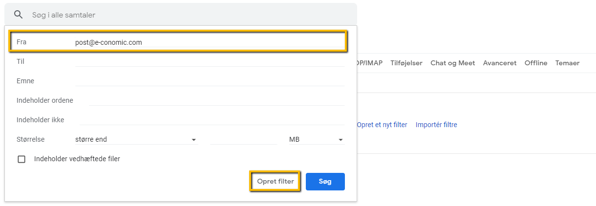 Viser det udfyldte Fra-felt og knappen 'Opret filter' i Gnails filterindstillinger – bruges til at oprette et nyt filter for mails fra en bestemt afsender.