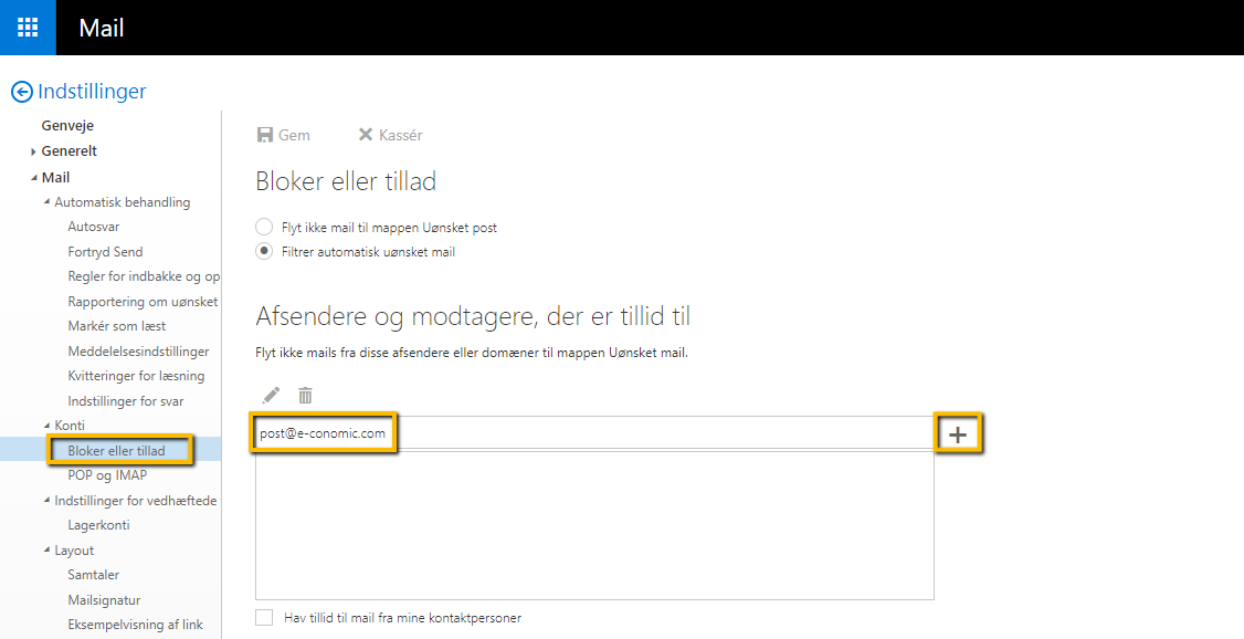 Viser tilføjelse af e-conomics mailadresse til listen over sikre afsendere i Office 365 – bruges til at sikre, at mails fra e-conomic ikke sorteres som uønsket post.