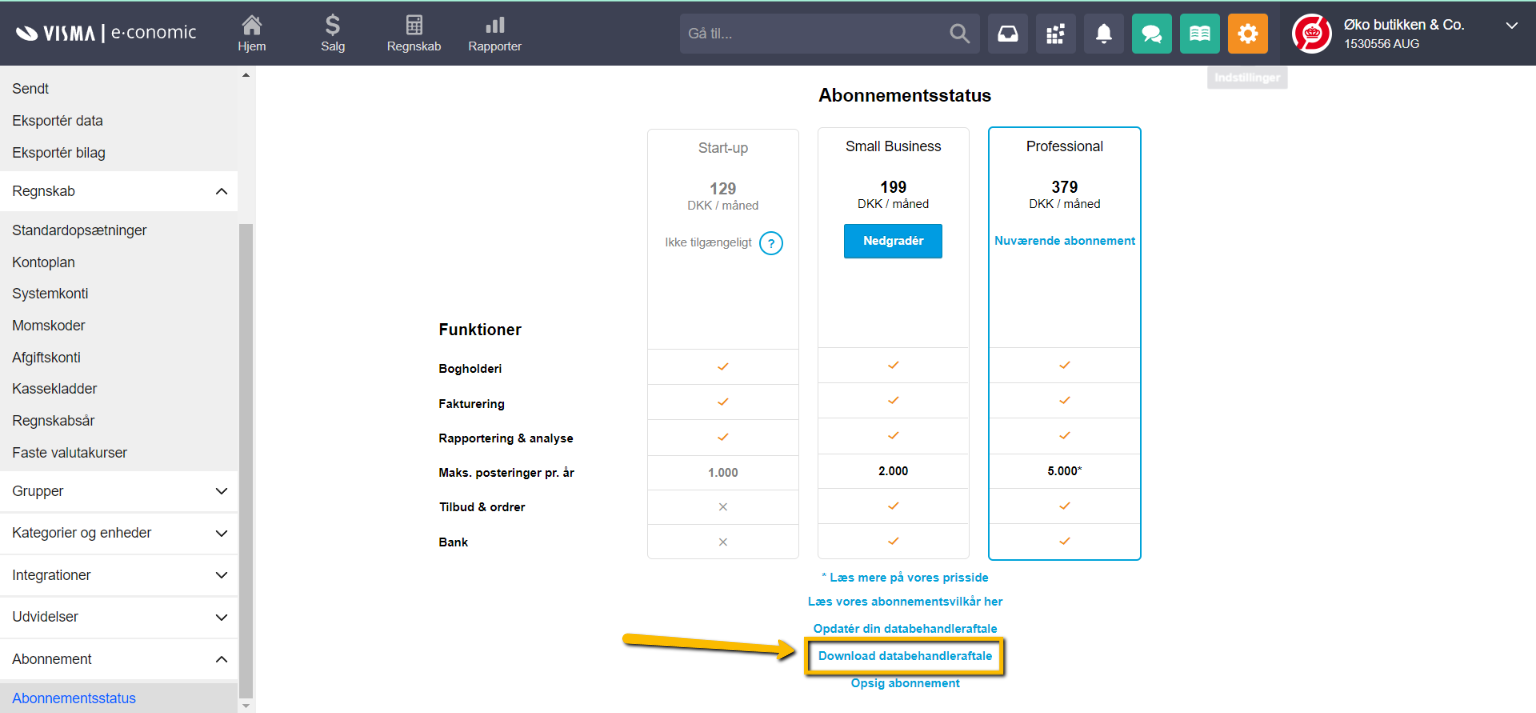 Viser linket 'Download databehandleraftale' i Abonnementsstatus – bruges til at downloade sin databehandleraftale.