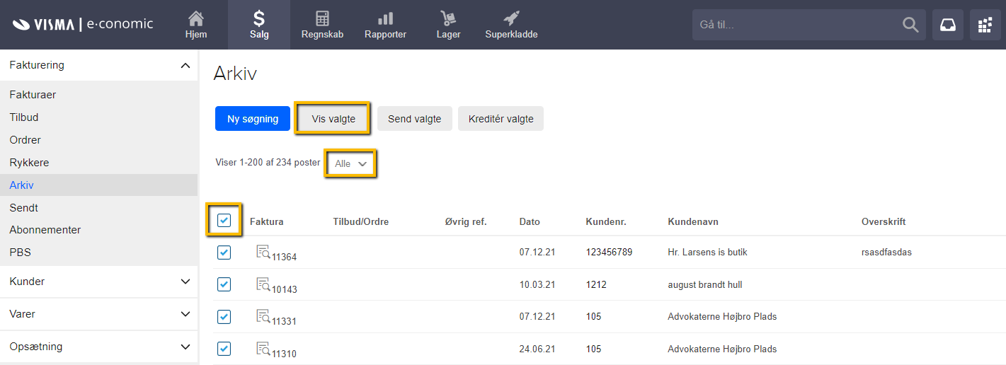 Viser valg af alle fakturaer i fakturaarkivet – bruges til at klargøre en samlet eksport.