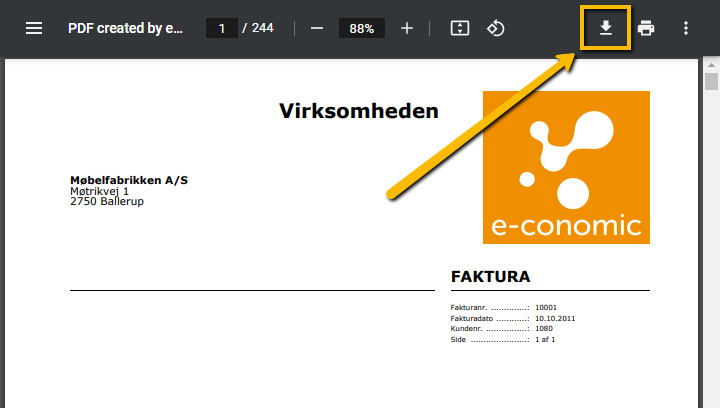 Viser Download-knappen i browserens PDF-visning – bruges til at gemme de valgte fakturaer som én samlet PDF-fil.