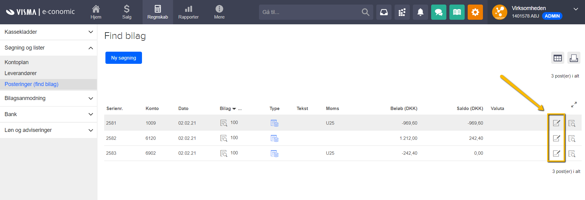 Viser Rediger tekst-knappen i Posteringer (find bilag) – bruges til at redigere teksten på en bogført postering.